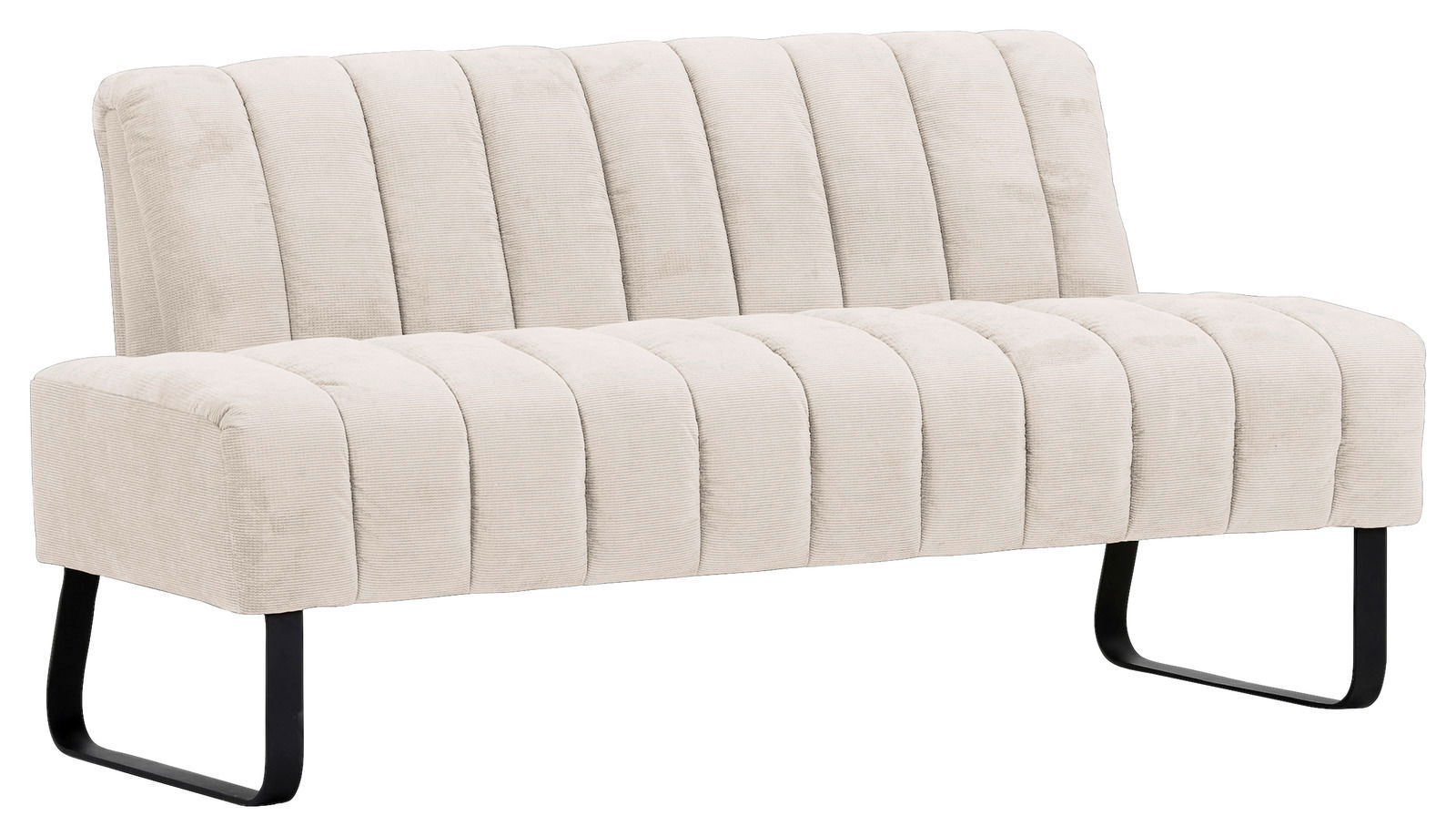 Beige 2,5er-Sitzbank mit vertikaler Steppung und schwarzen Metallbeinen, seitliche Perspektive