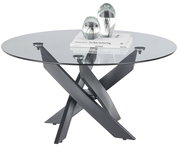 Runder Couchtisch mit Glasplatte und modernem, überkreuztem Metallgestell, seitliche Perspektive