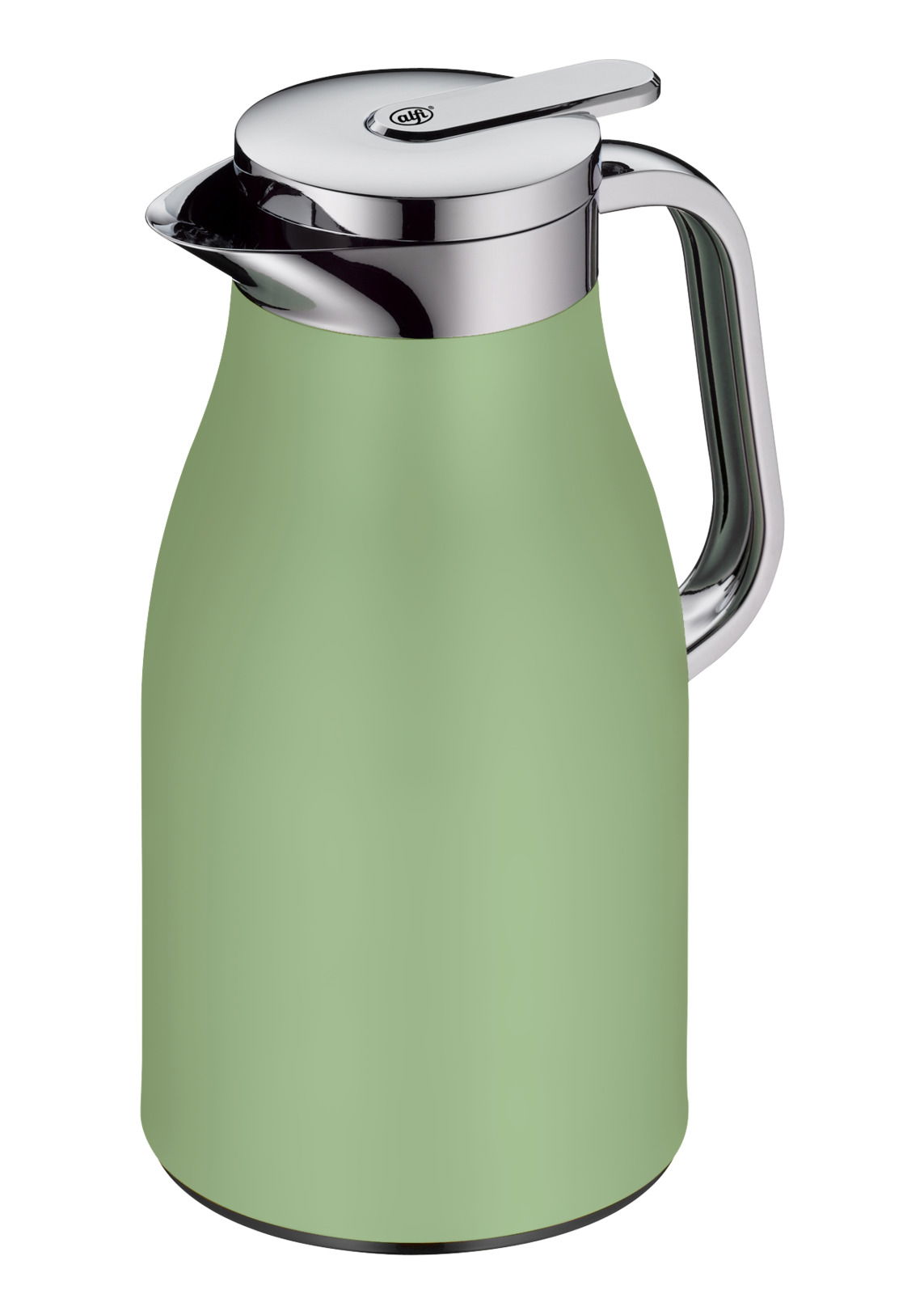 Grüne Isolierkanne mit silbernem Deckel und Griff, seitliche Perspektive