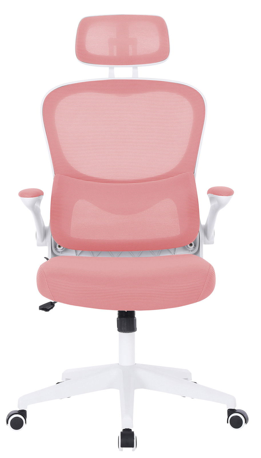 Moderner rosa Drehstuhl mit Kopfstütze, Armlehnen und weißen Rollen, Frontalansicht