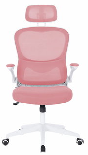 Moderner rosa Drehstuhl mit Kopfstütze, Armlehnen und weißen Rollen, Frontalansicht