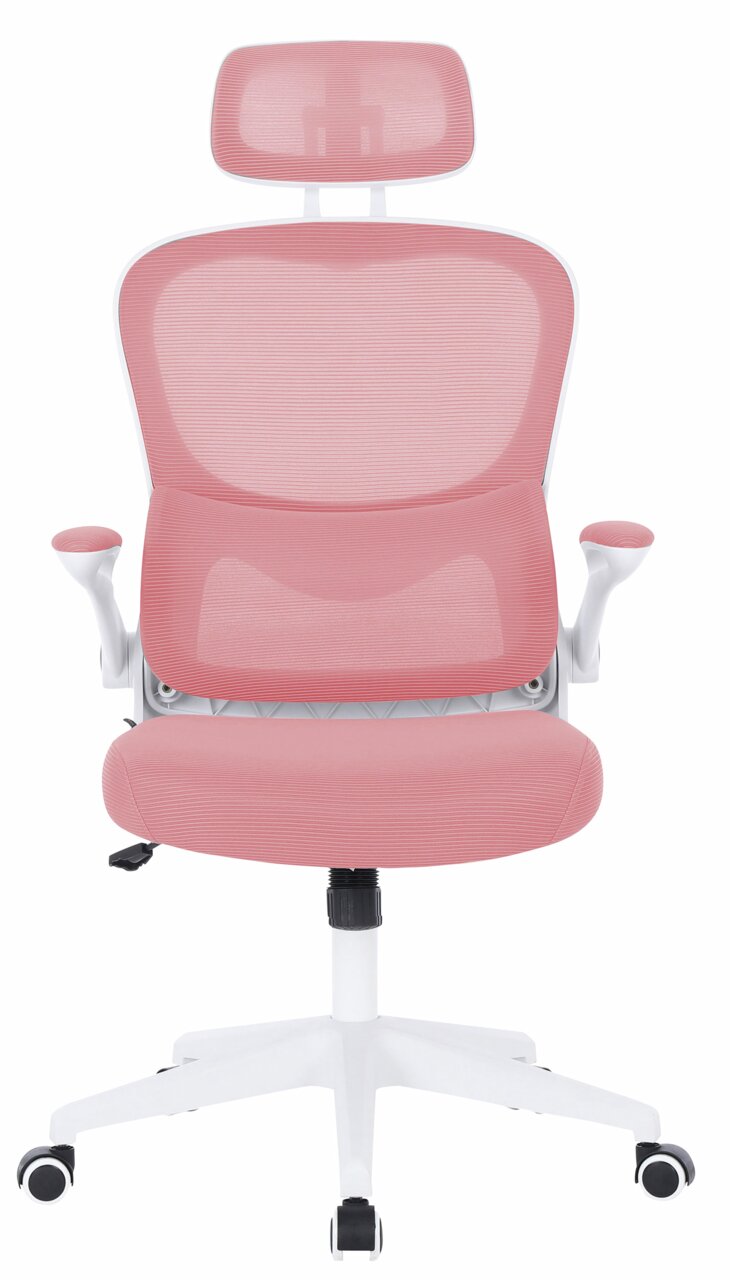 Moderner rosa Drehstuhl mit Kopfstütze, Armlehnen und weißen Rollen, Frontalansicht