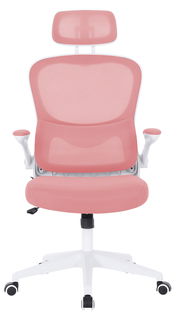 Moderner rosa Drehstuhl mit Kopfstütze, Armlehnen und weißen Rollen, Frontalansicht