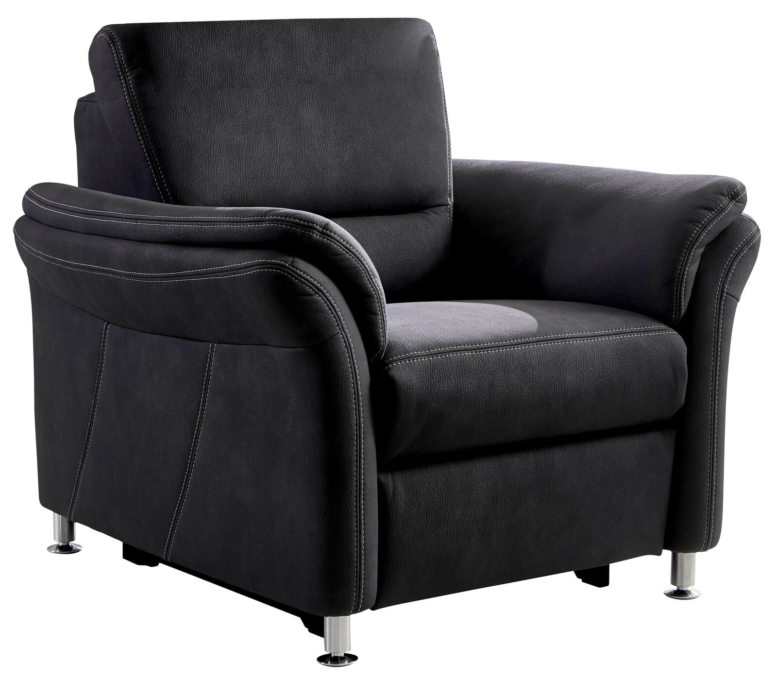 Schwarzer Sessel Beldomo System DAKOTA S mit eleganten Nähten und Metallfüßen, seitliche Perspektive