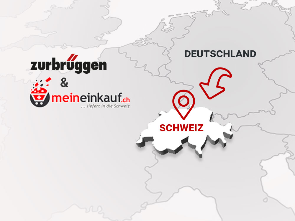 Eine Karte zeigt Deutschland und die Schweiz mit einem Pfeil und Logos für einen Lieferdienst in die Schweiz.