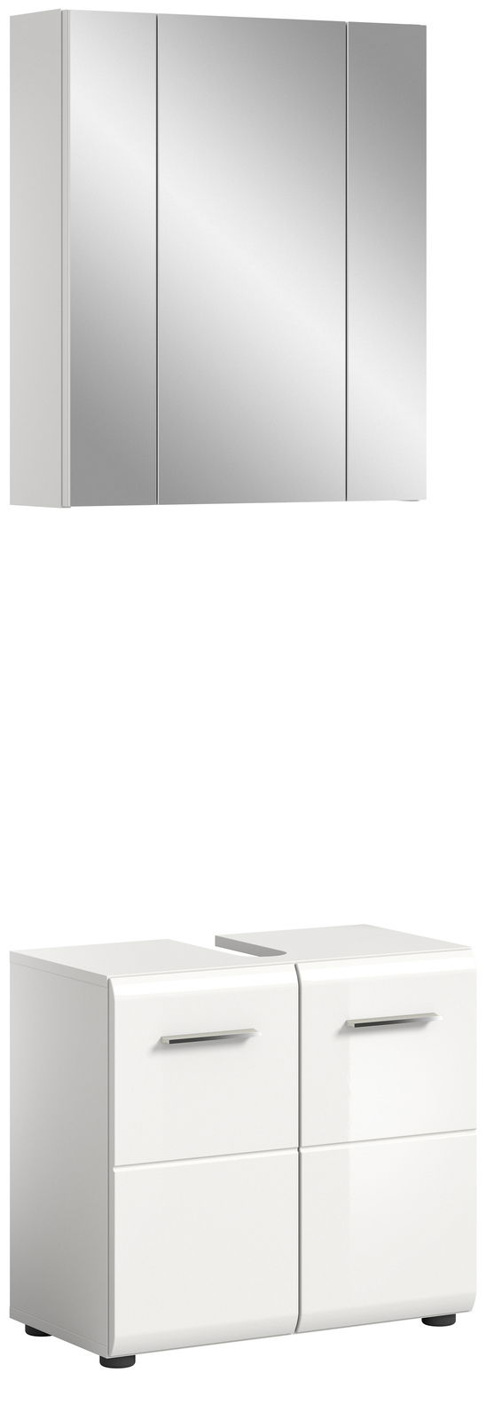 Moderne Badkombination bestehend aus einem dreitürigen Spiegelschrank und einem weißen Unterschrank mit vier Türen, frontal abgebildet.