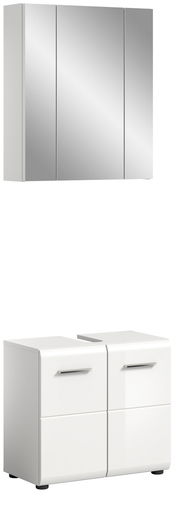 Moderne Badkombination bestehend aus einem dreitürigen Spiegelschrank und einem weißen Unterschrank mit vier Türen, frontal abgebildet.