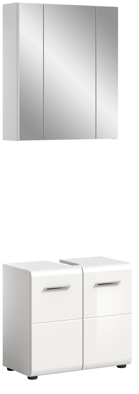 MID.YOU Badkombination ICE Moderne Badkombination bestehend aus einem dreitürigen Spiegelschrank und einem weißen Unterschrank mit vier Türen, frontal abgebildet.