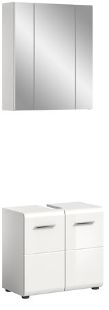 Moderne Badkombination bestehend aus einem dreitürigen Spiegelschrank und einem weißen Unterschrank mit vier Türen, frontal abgebildet.