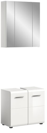 Moderne Badkombination bestehend aus einem dreitürigen Spiegelschrank und einem weißen Unterschrank mit vier Türen, frontal abgebildet.