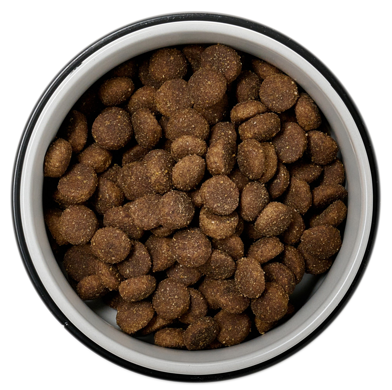 Vogelperspektive auf einen Napf mit braunem Trockenfutter, 400ml Kapazität