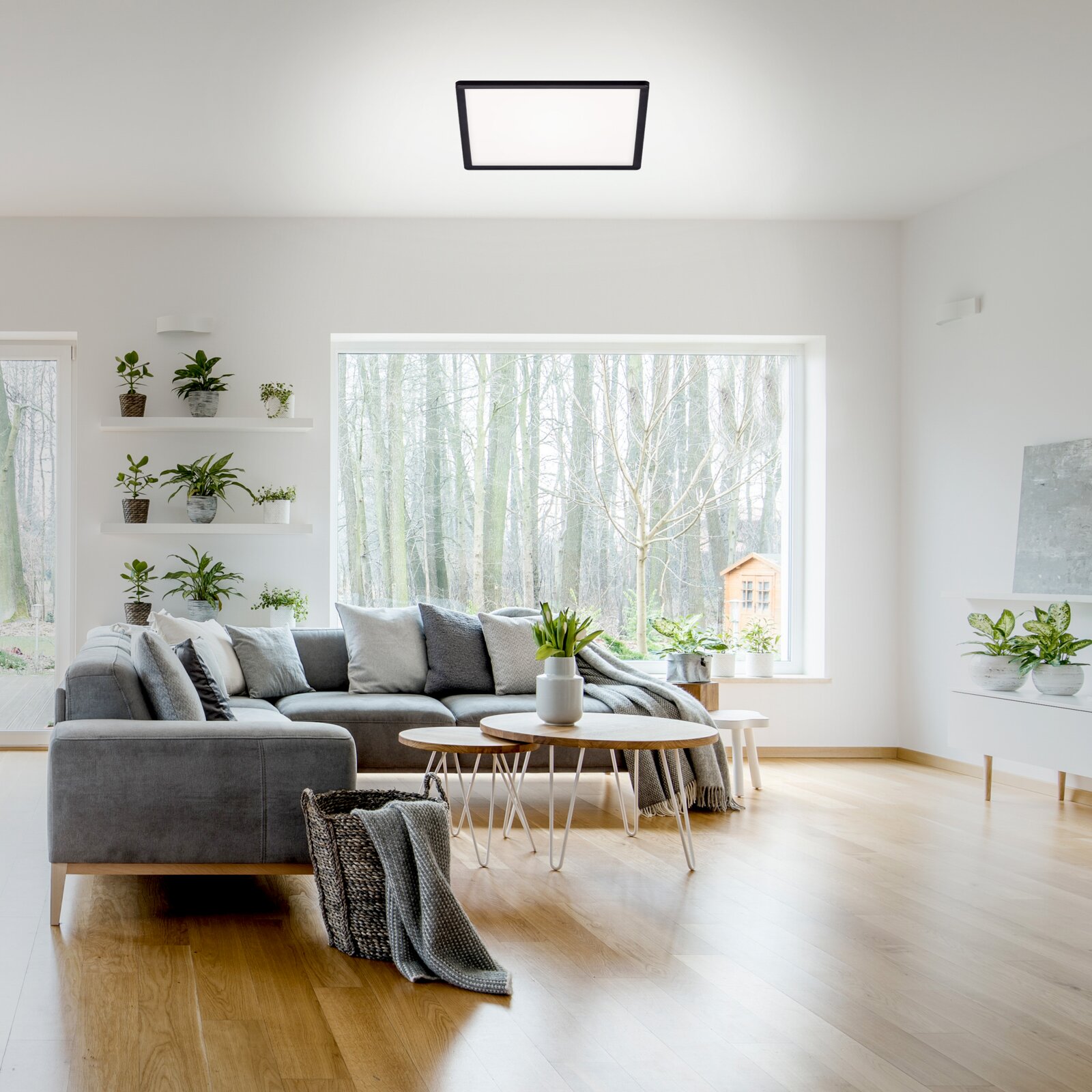 Moderne LED-Deckenleuchte in einem stilvollen Wohnzimmer, von unten betrachtet.
