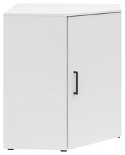 Weiße Eckkommode mit schwarzem Griff, frontale Perspektive