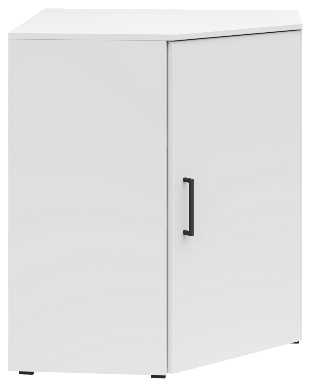 Weiße Eckkommode mit schwarzem Griff, frontale Perspektive