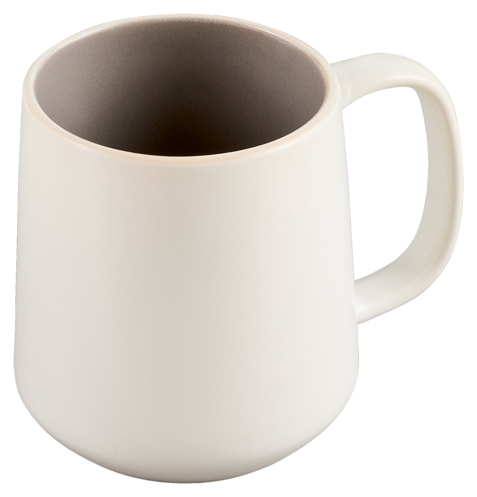 Novel Koffiebeker LEVANTO Witte keramische mok met oor en grijze binnenkant, vrijstaand op een witte achtergrond, schuin van bovenaf gezien in vooraanzicht