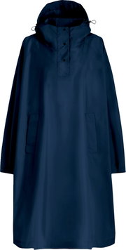 Dunkelblauer, langer Regenponcho mit Kapuze, Druckknopf-Leiste am Kragen und seitlichen Eingrifftaschen, Frontansicht