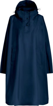 Dunkelblauer, langer Regenponcho mit Kapuze, Druckknopf-Leiste am Kragen und seitlichen Eingrifftaschen, Frontansicht