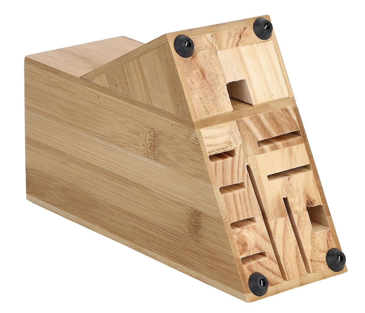 Messerblock aus Holz in schräger Perspektive, mit mehreren Schlitzen für Messer.