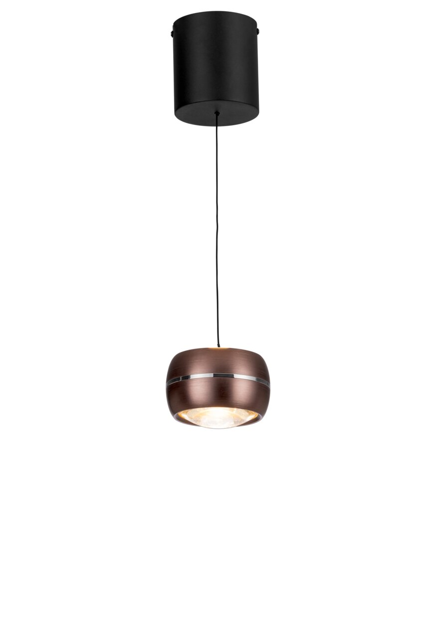 Moderne LED-hanglamp in koperen look, gezien van onderaf, met zwarte kabel en cilindervormige plafondbevestiging.