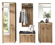 Garderoben-Set in Holzoptik mit Spiegel, Hakenleiste, Sitzbank und Kommode, frontal abgebildet.
