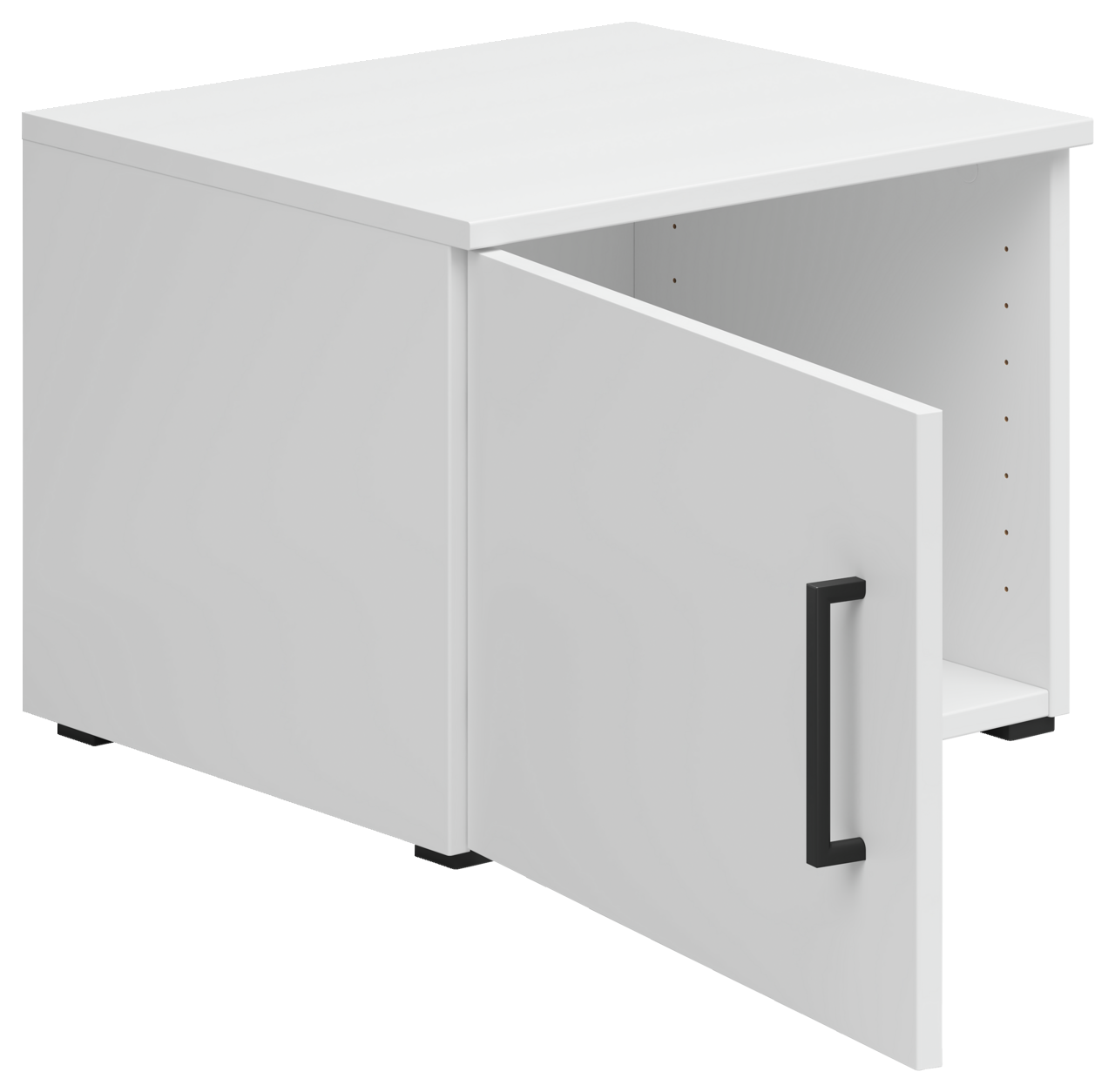Weißer Aufsatzschrank mit geöffneter Tür und schwarzem Griff, seitliche Perspektive