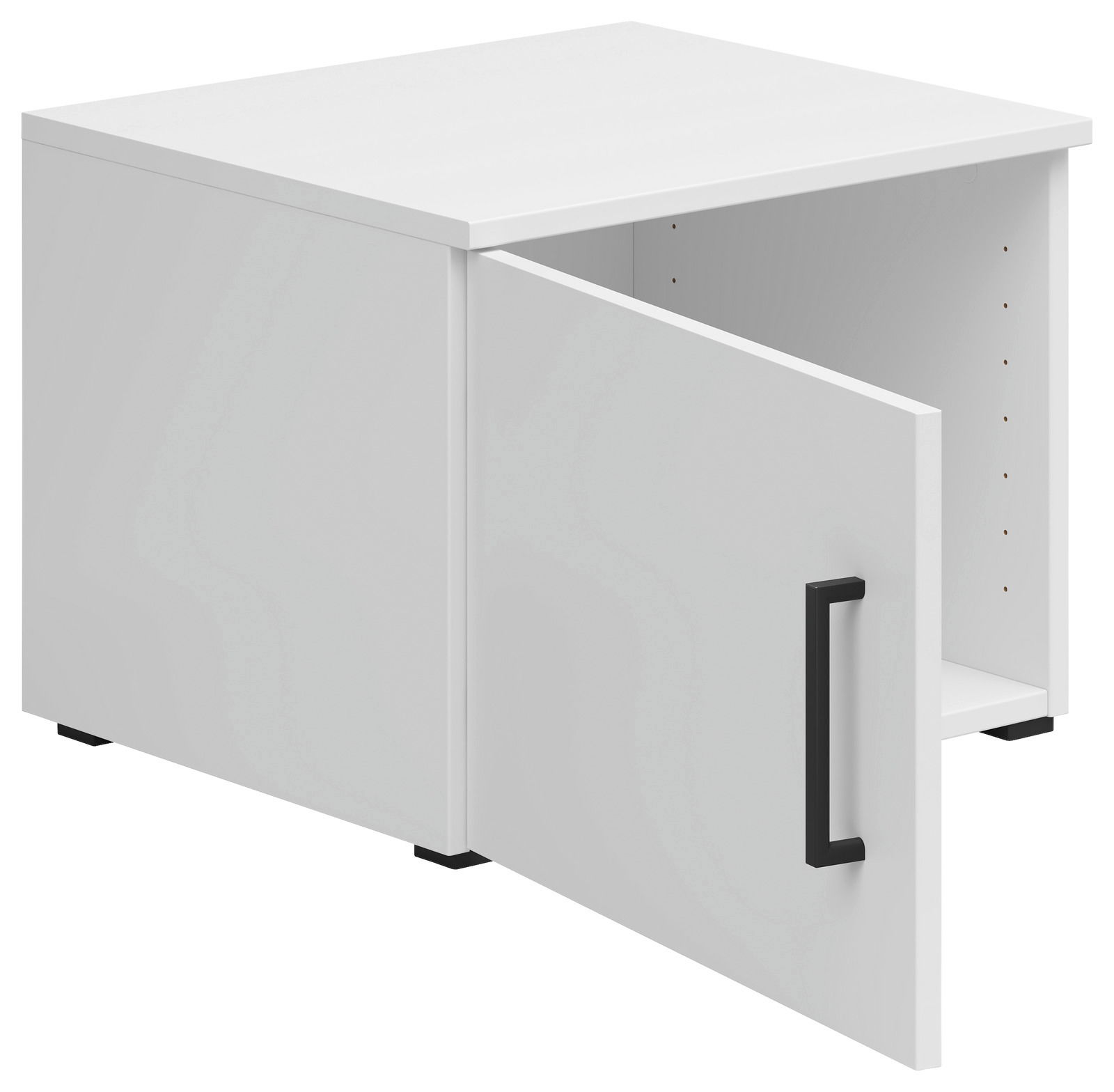 Weißer Aufsatzschrank mit geöffneter Tür und schwarzem Griff, seitliche Perspektive