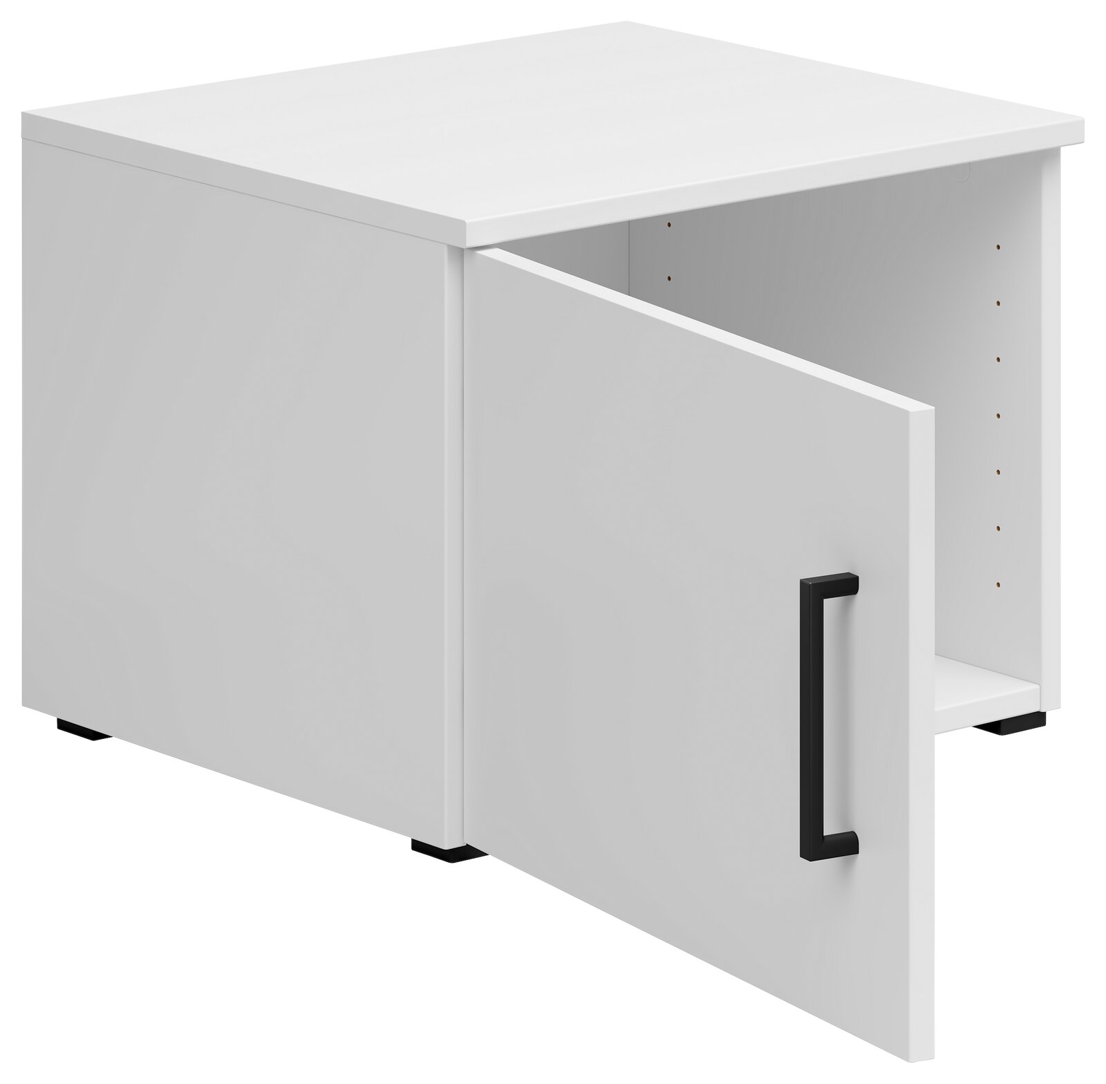 Weißer Aufsatzschrank mit geöffneter Tür und schwarzem Griff, seitliche Perspektive