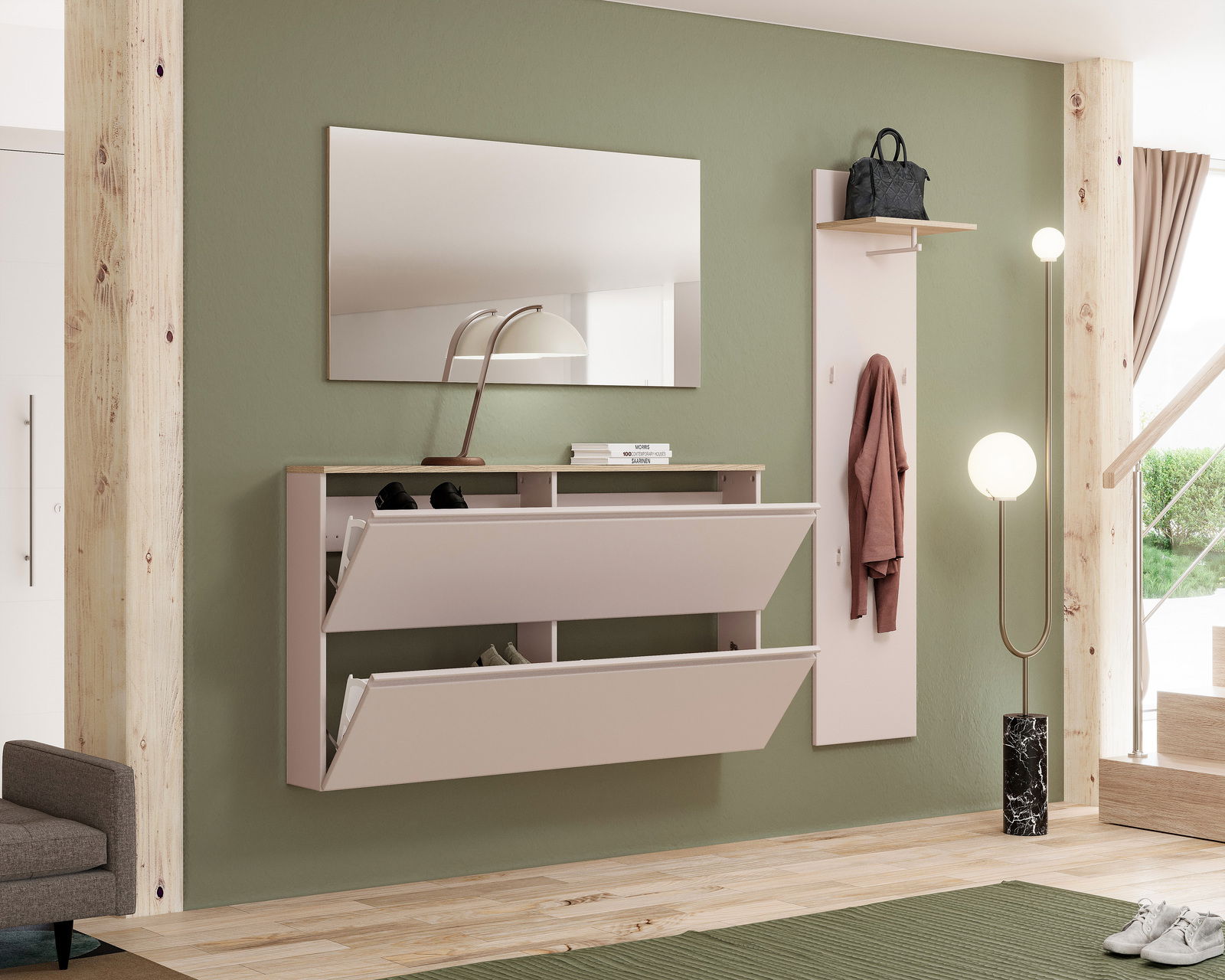 Moderner Hängeschuhschrank in einem stilvollen Flur, frontal betrachtet, mit zwei offenen Klappen zur Schuhaufbewahrung.