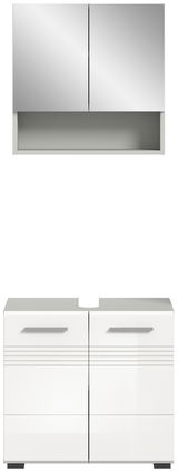 Frontale Ansicht einer modernen Badkombination mit Spiegelschrank und Unterschrank in weißem Hochglanzdesign.