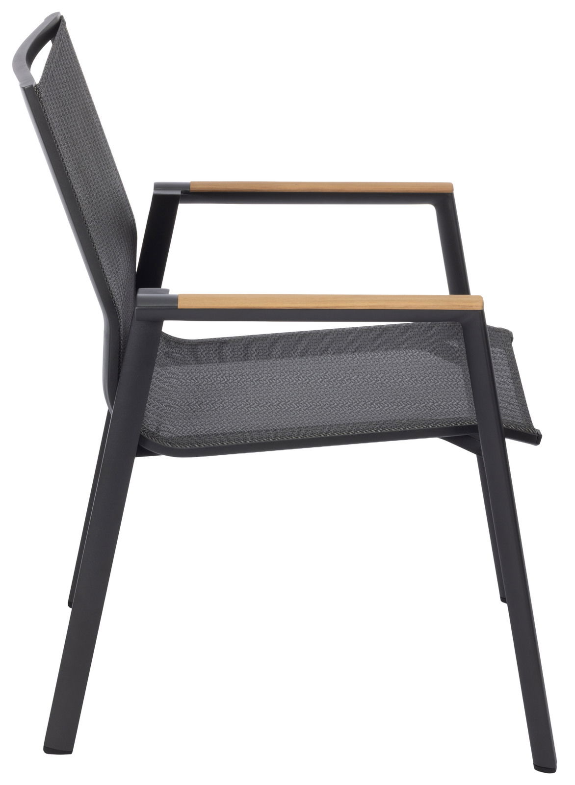 Moderner Stapelstuhl mit schwarzem Metallrahmen und Holzarmlehnen, seitliche Ansicht