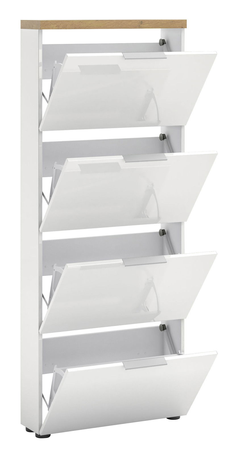 Moderner weißer Schuhschrank mit vier Klappen, seitliche Perspektive