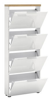 Moderner weißer Schuhschrank mit vier Klappen, seitliche Perspektive