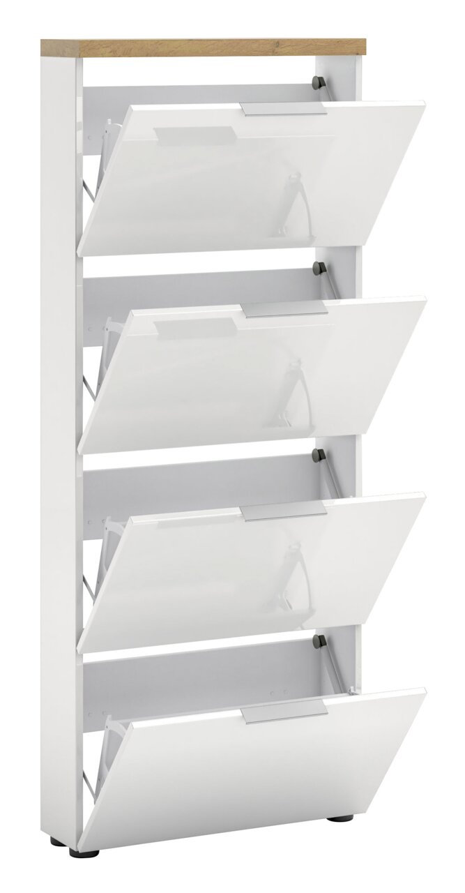 Moderne witte schoenenkast met vier kleppen, zijaanzicht