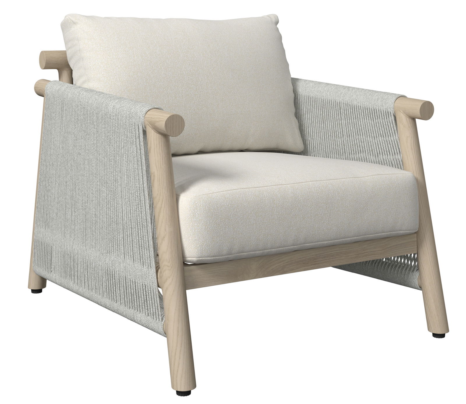 Moderner Lounge-Sessel mit hellem Holzrahmen und beigen Kissen, seitliche Perspektive