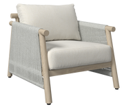 Moderner Lounge-Sessel mit hellem Holzrahmen und beigen Kissen, seitliche Perspektive