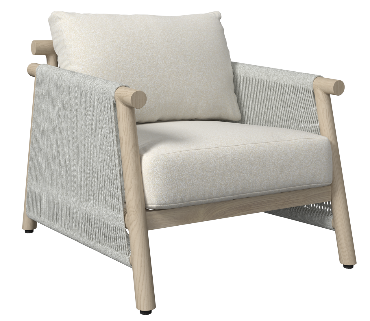 Moderner Lounge-Sessel mit hellem Holzrahmen und beigen Kissen, seitliche Perspektive