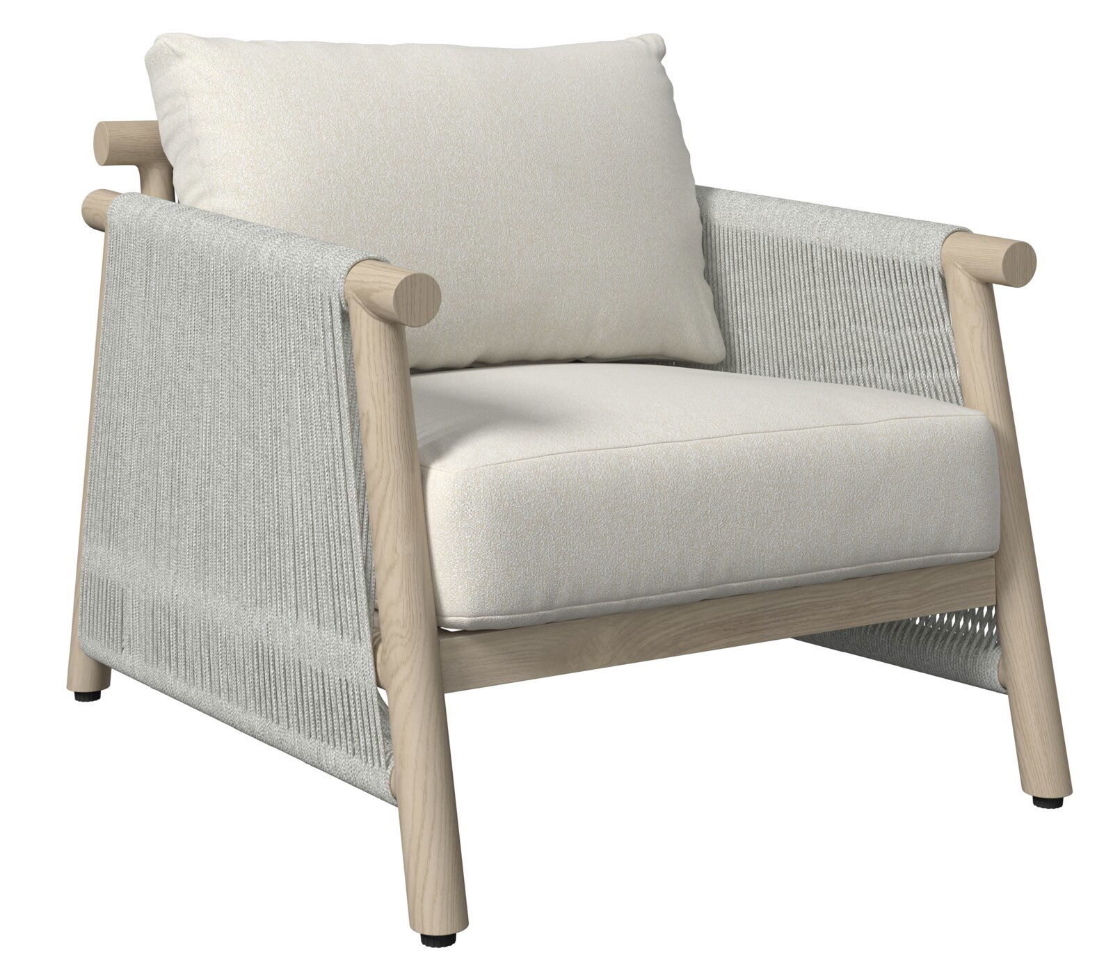 Moderner Lounge-Sessel mit hellem Holzrahmen und beigen Kissen, seitliche Perspektive