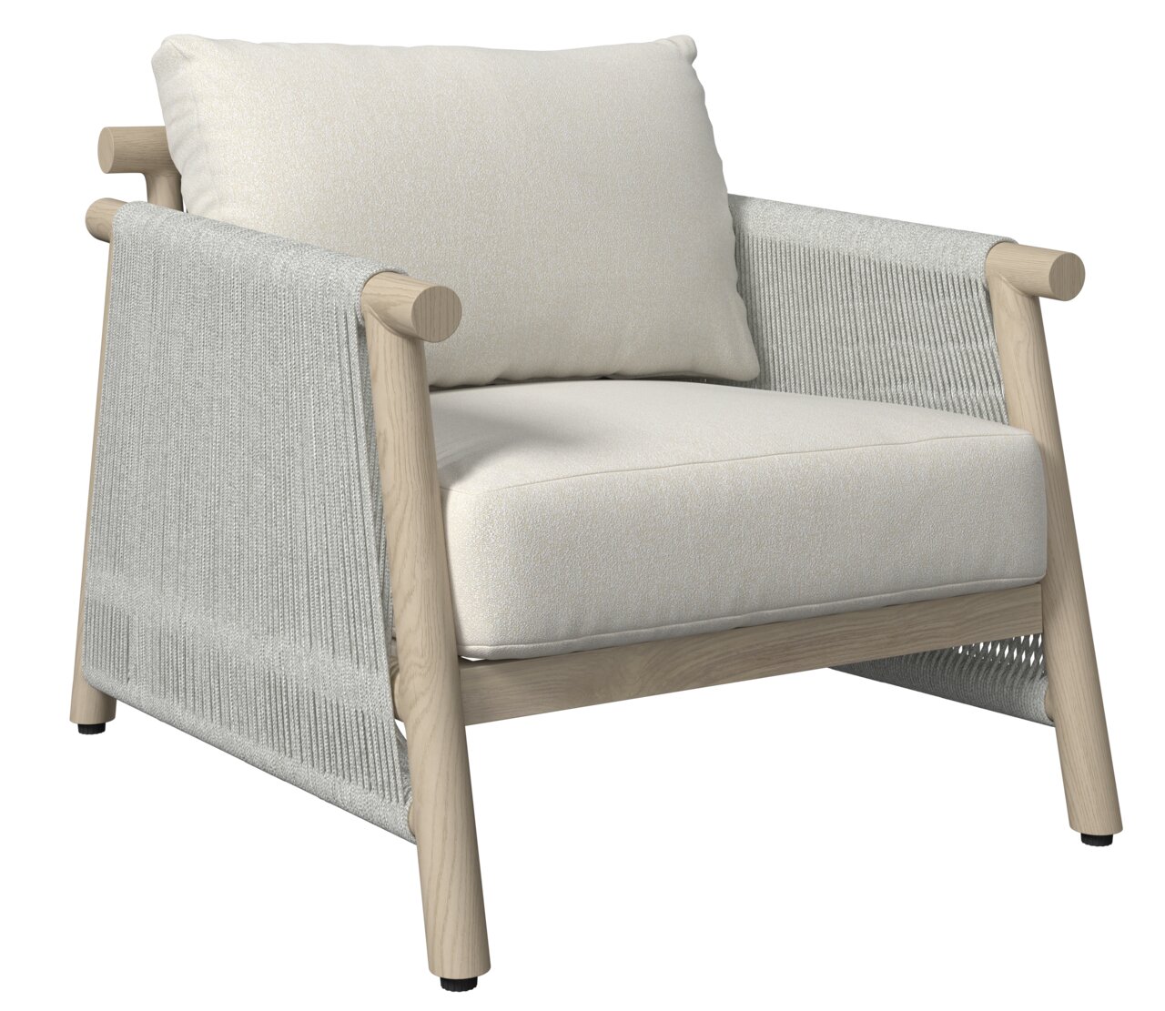 Moderner Lounge-Sessel mit hellem Holzrahmen und beigen Kissen, seitliche Perspektive