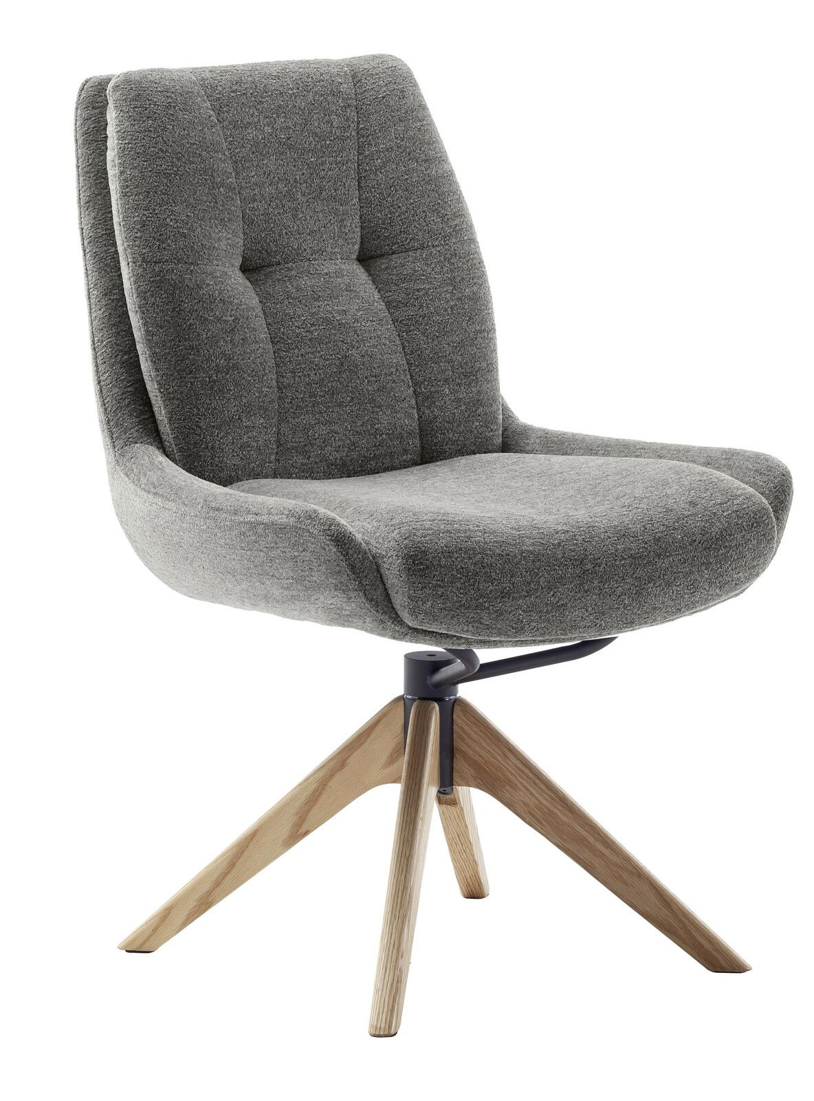 Grauer, gepolsterter Drehstuhl mit Holzbeinen, seitliche Perspektive