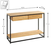Massivholz-Konsolentisch mit schwarzem Metallgestell, zwei Schubladen und Ablageboden, Maße 100 x 35 x 75 cm, in schräger Frontansicht