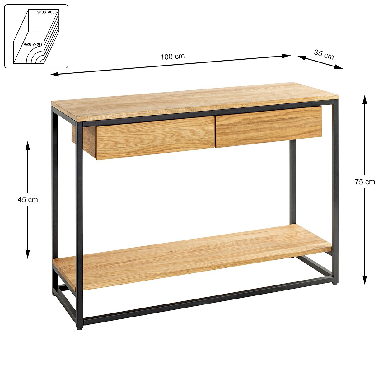 Massivholz-Konsolentisch mit schwarzem Metallgestell, zwei Schubladen und Ablageboden, Maße 100 x 35 x 75 cm, in schräger Frontansicht