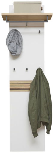 Garderobenpaneel in Frontalansicht mit Ablage, Haken und hängender Jacke.