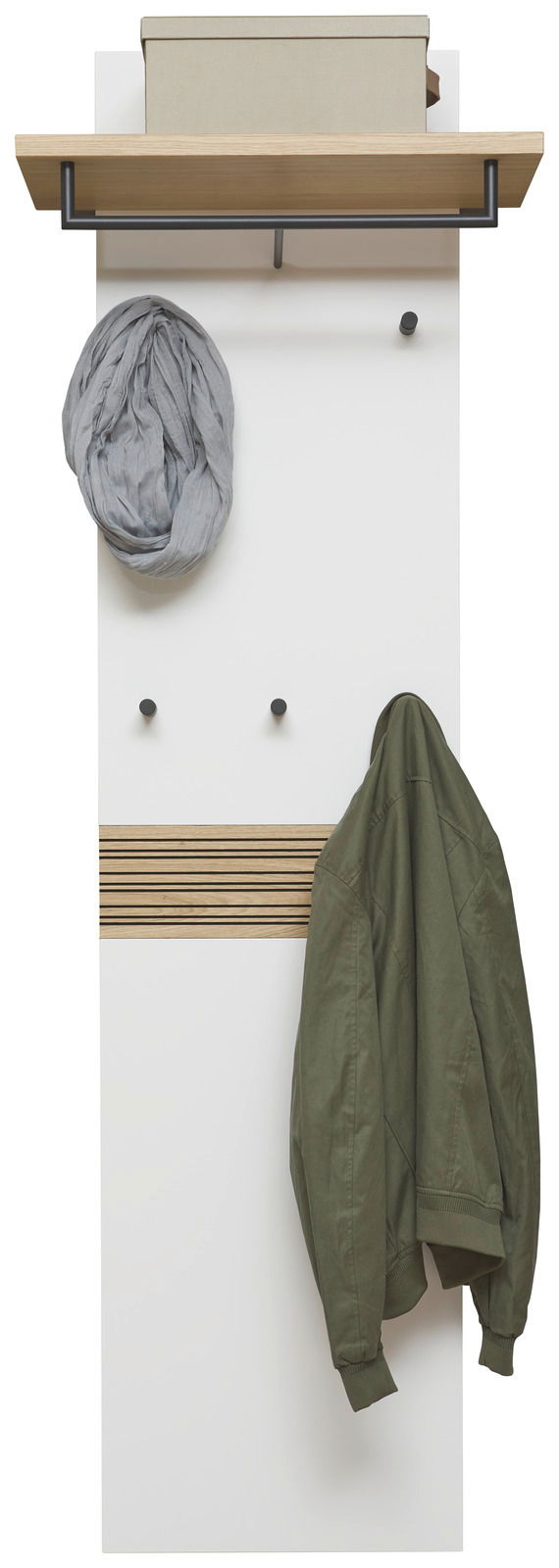 Garderobenpaneel in Frontalansicht mit Ablage, Haken und hängender Jacke.