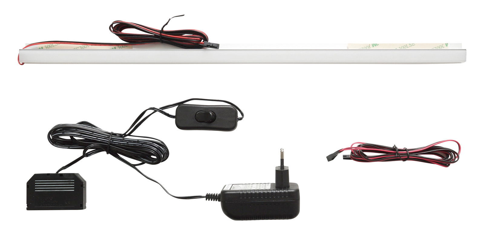 LED-Rückwandbeleuchtung mit Netzteil, Schalter und Kabeln, Ansicht von oben