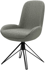 Moderner grauer Stuhl mit gepolsterter Sitzfläche und schwarzem Metallgestell, seitliche Perspektive