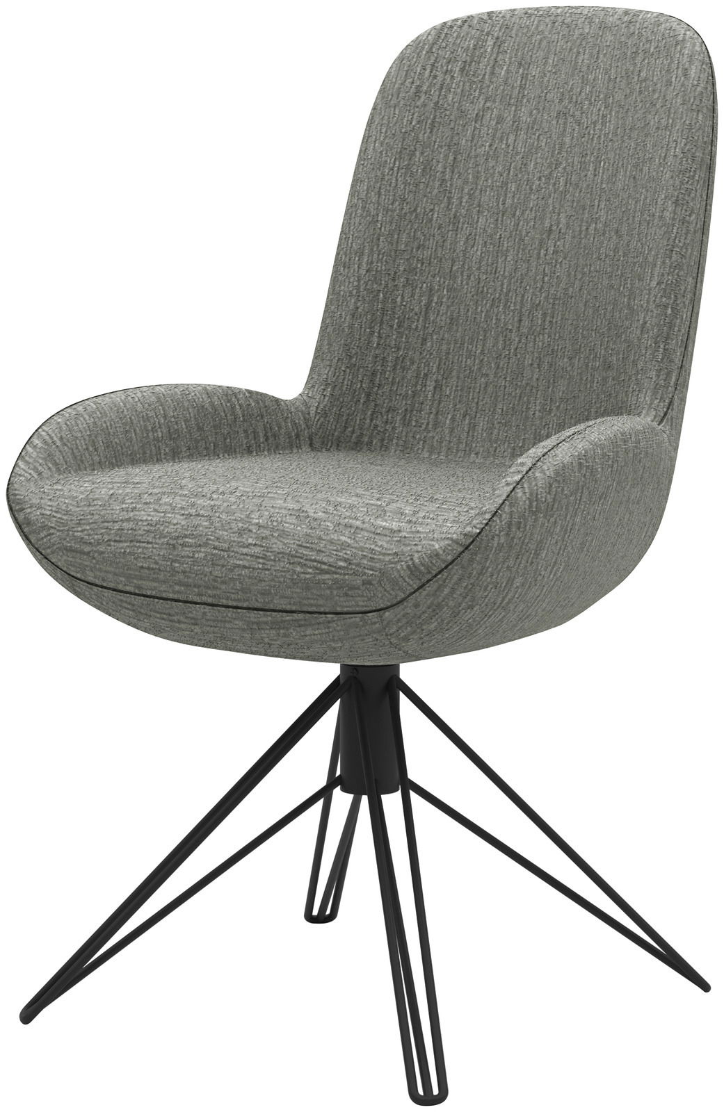 Moderner grauer Stuhl mit gepolsterter Sitzfläche und schwarzem Metallgestell, seitliche Perspektive