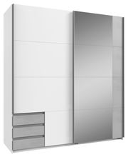 Moderner Schwebetürenschrank mit zwei Türen, eine davon mit Spiegel, in einer schrägen Perspektive von links vorne.