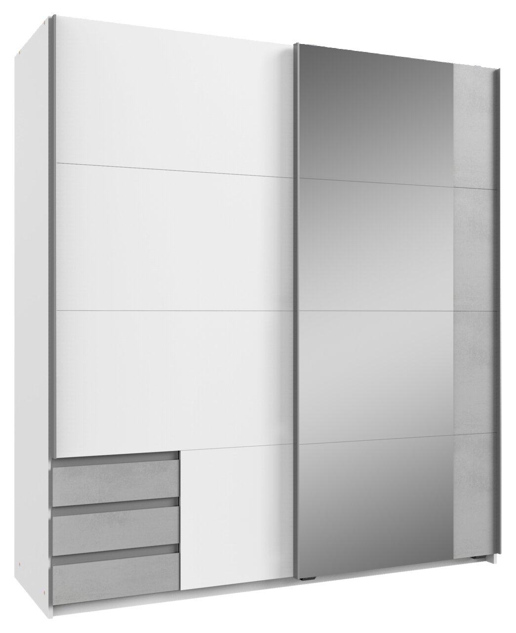 Moderner Schwebetürenschrank mit zwei Türen, eine davon mit Spiegel, in einer schrägen Perspektive von links vorne.
