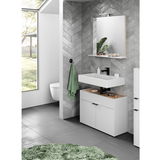 Modernes Badezimmer-Set FORANO mit Waschbecken, Spiegel und Unterschrank in einer eleganten, grauen Fliesenumgebung. Frontalansicht.