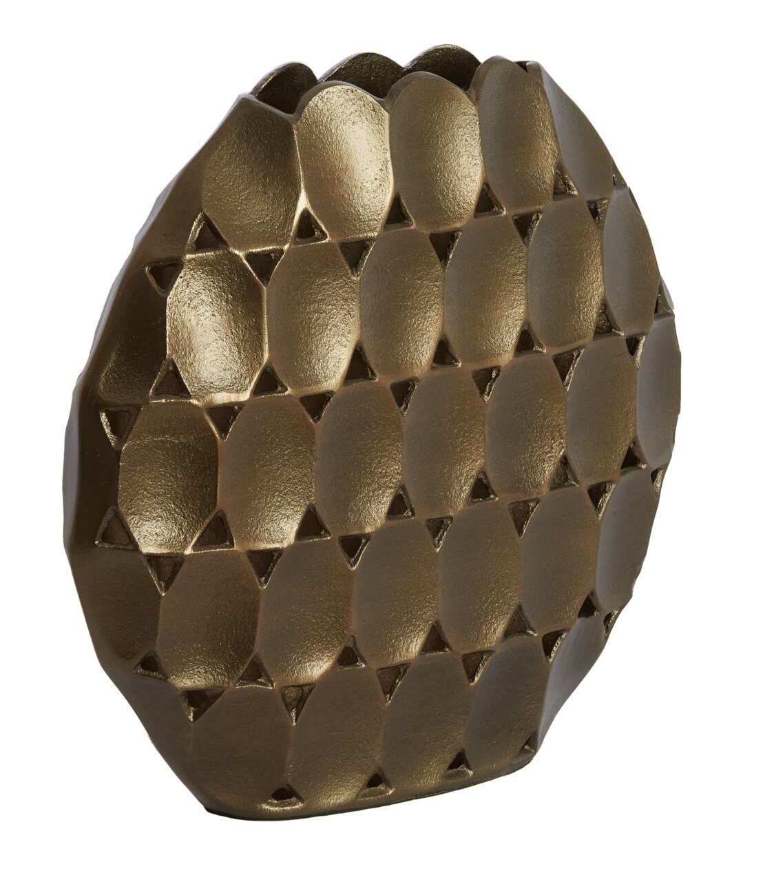 Goldene Vase mit geometrischem Muster, seitliche Perspektive